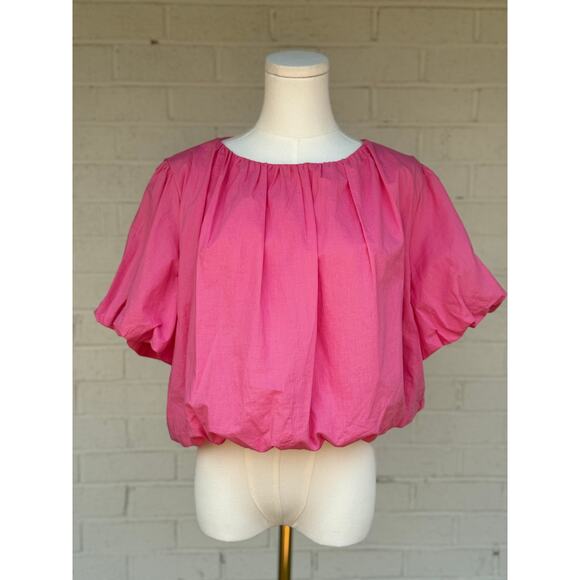& Merci Hot Pink Women's Crop Top Bubble Sleeves Large Casual Spring Summer - Picture 9 of 10